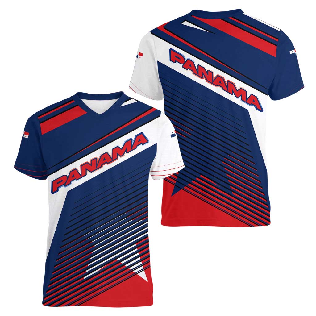 Panama Diagonal Stripe Design Women V-Neck T-Shirt with Bold Red Blue Star and Flag Accents - Wonder Print Shop