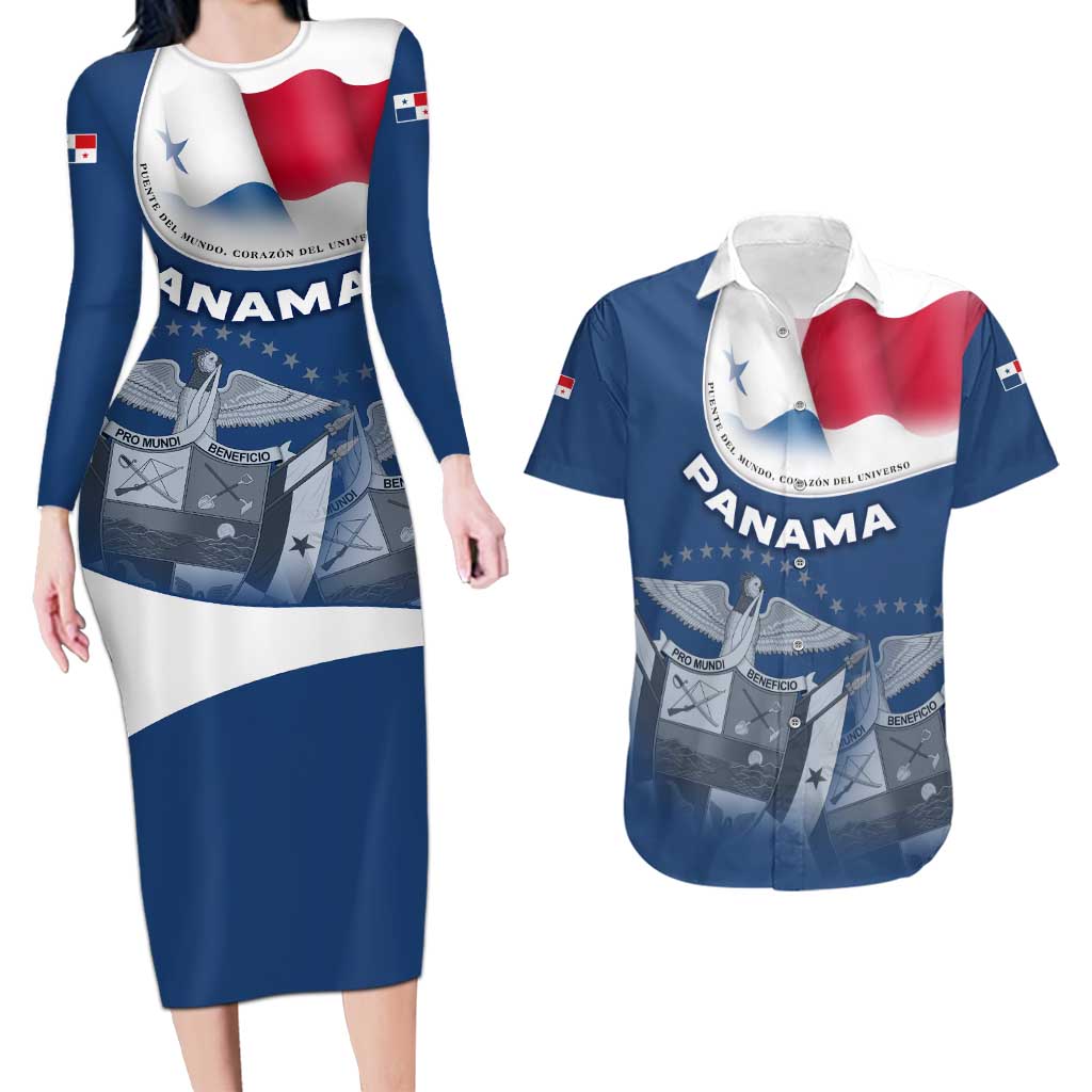 Panama National Flag Couples Matching Long Sleeve Bodycon Dress and Hawaiian Shirt with Canal Symbolism and Puente del Mundo Motto Design - Wonder Print Shop