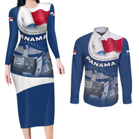 Panama National Flag Couples Matching Long Sleeve Bodycon Dress and Long Sleeve Button Shirt with Canal Symbolism and Puente del Mundo Motto Design - Wonder Print Shop