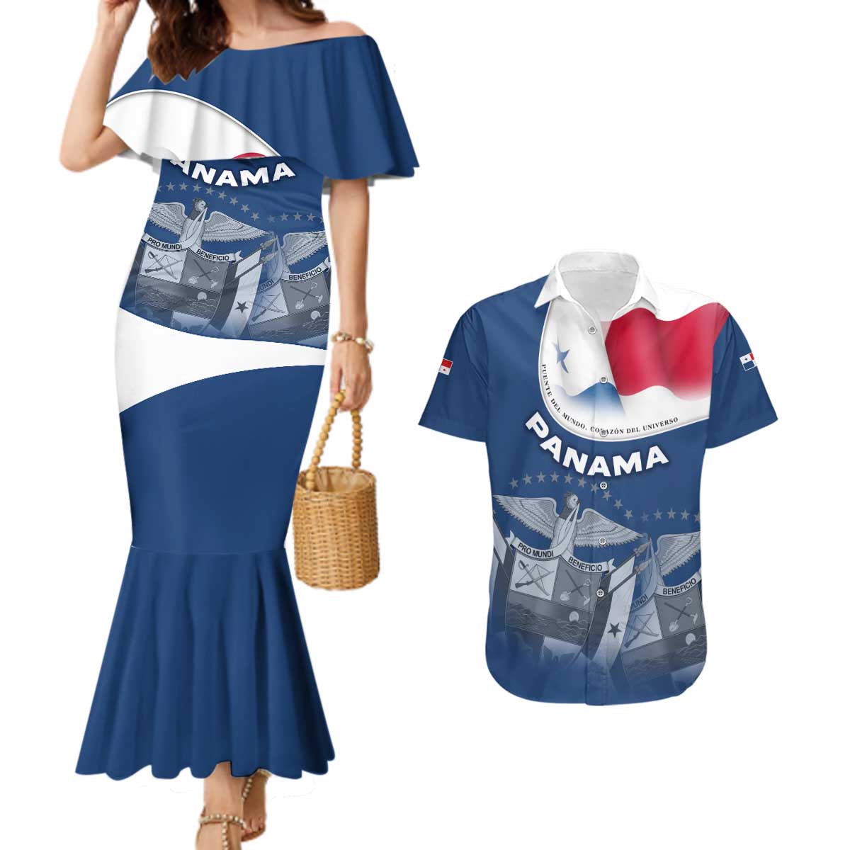 Panama National Flag Couples Matching Mermaid Dress and Hawaiian Shirt with Canal Symbolism and Puente del Mundo Motto Design - Wonder Print Shop