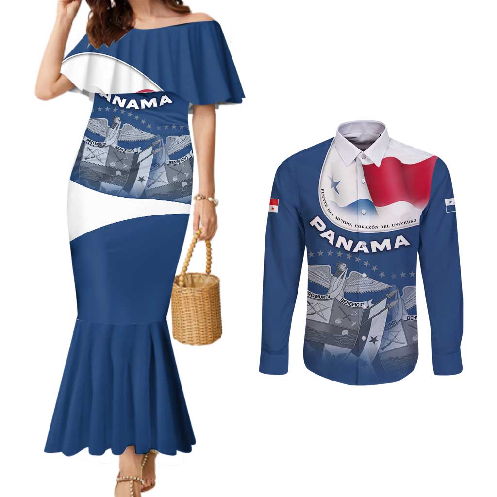 Panama National Flag Couples Matching Mermaid Dress and Long Sleeve Button Shirt with Canal Symbolism and Puente del Mundo Motto Design - Wonder Print Shop