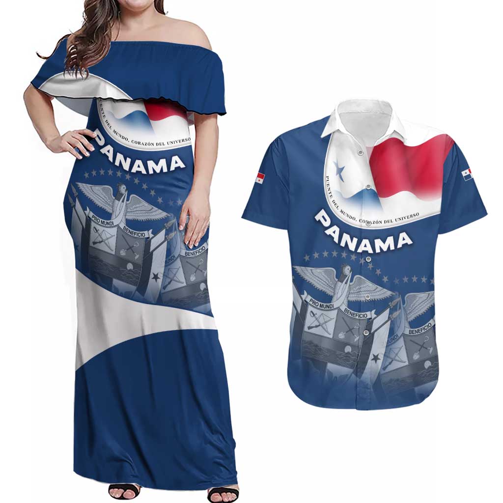 Panama National Flag Couples Matching Off Shoulder Maxi Dress and Hawaiian Shirt with Canal Symbolism and Puente del Mundo Motto Design - Wonder Print Shop