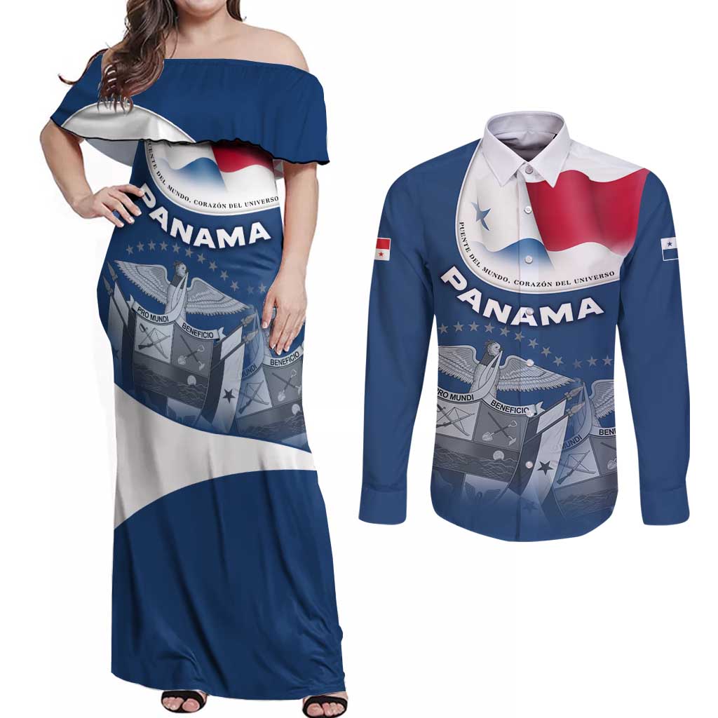 Panama National Flag Couples Matching Off Shoulder Maxi Dress and Long Sleeve Button Shirt with Canal Symbolism and Puente del Mundo Motto Design - Wonder Print Shop