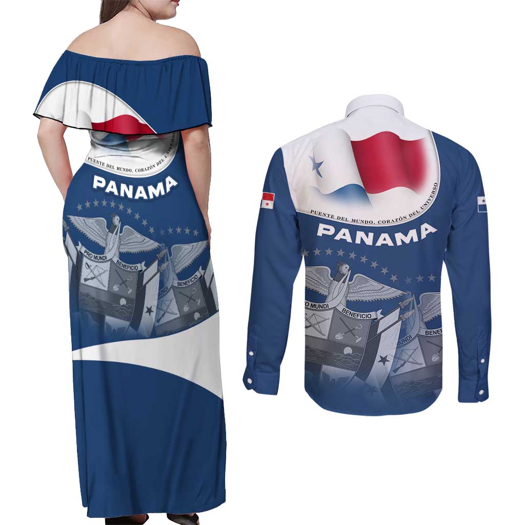 Panama National Flag Couples Matching Off Shoulder Maxi Dress and Long Sleeve Button Shirt with Canal Symbolism and Puente del Mundo Motto Design - Wonder Print Shop