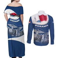 Panama National Flag Couples Matching Off Shoulder Maxi Dress and Long Sleeve Button Shirt with Canal Symbolism and Puente del Mundo Motto Design - Wonder Print Shop