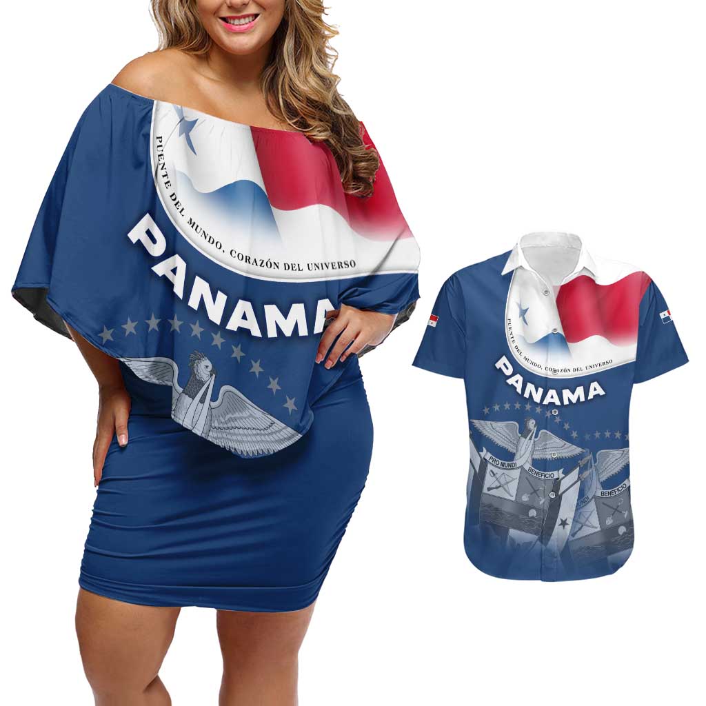 Panama National Flag Couples Matching Off Shoulder Short Dress and Hawaiian Shirt with Canal Symbolism and Puente del Mundo Motto Design - Wonder Print Shop