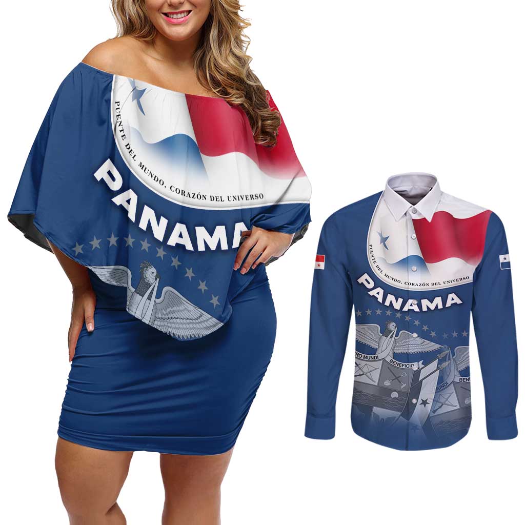Panama National Flag Couples Matching Off Shoulder Short Dress and Long Sleeve Button Shirt with Canal Symbolism and Puente del Mundo Motto Design - Wonder Print Shop