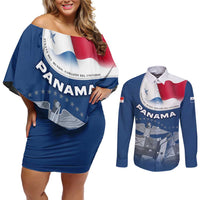 Panama National Flag Couples Matching Off Shoulder Short Dress and Long Sleeve Button Shirt with Canal Symbolism and Puente del Mundo Motto Design - Wonder Print Shop