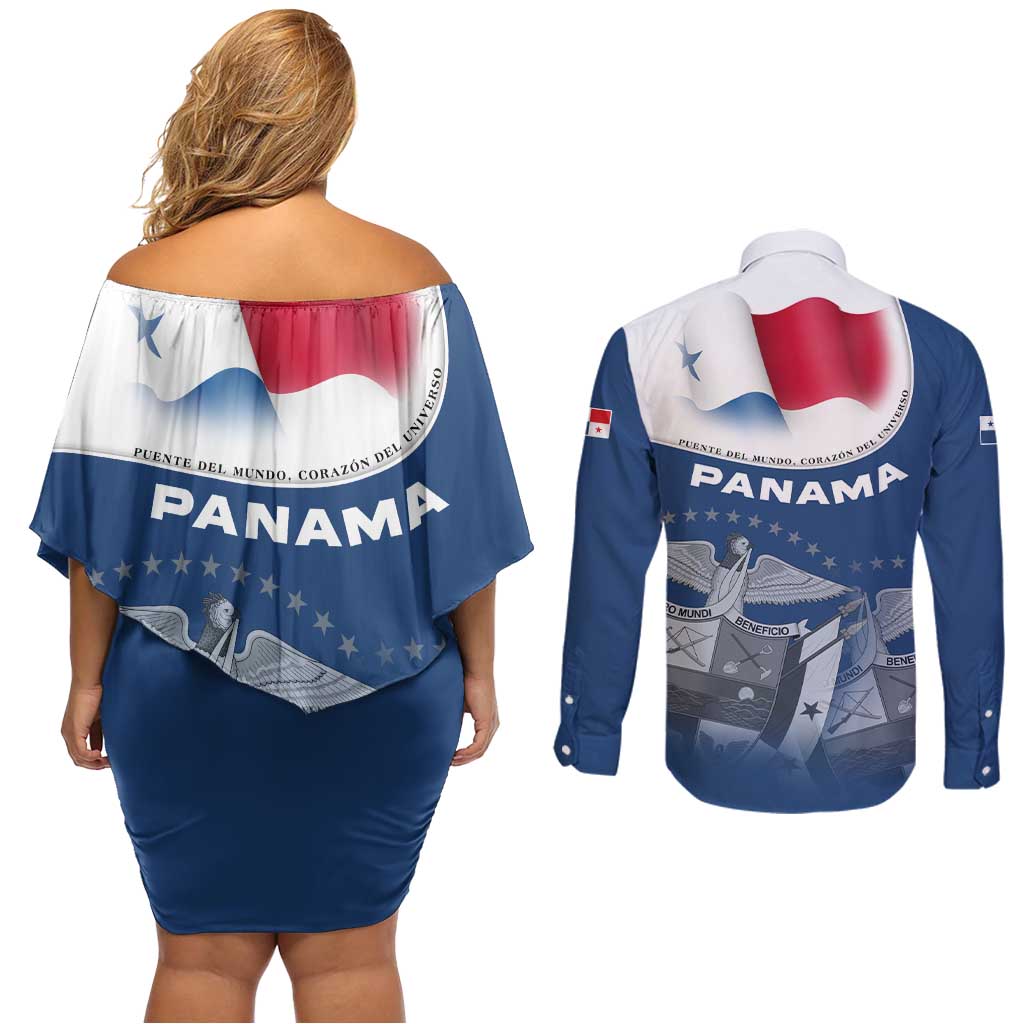 Panama National Flag Couples Matching Off Shoulder Short Dress and Long Sleeve Button Shirt with Canal Symbolism and Puente del Mundo Motto Design - Wonder Print Shop