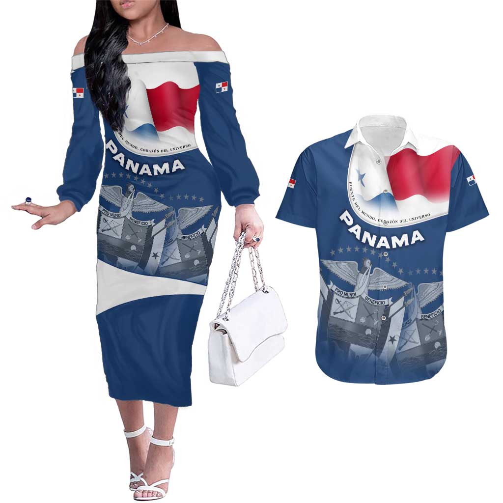 Panama National Flag Couples Matching Off The Shoulder Long Sleeve Dress and Hawaiian Shirt with Canal Symbolism and Puente del Mundo Motto Design - Wonder Print Shop