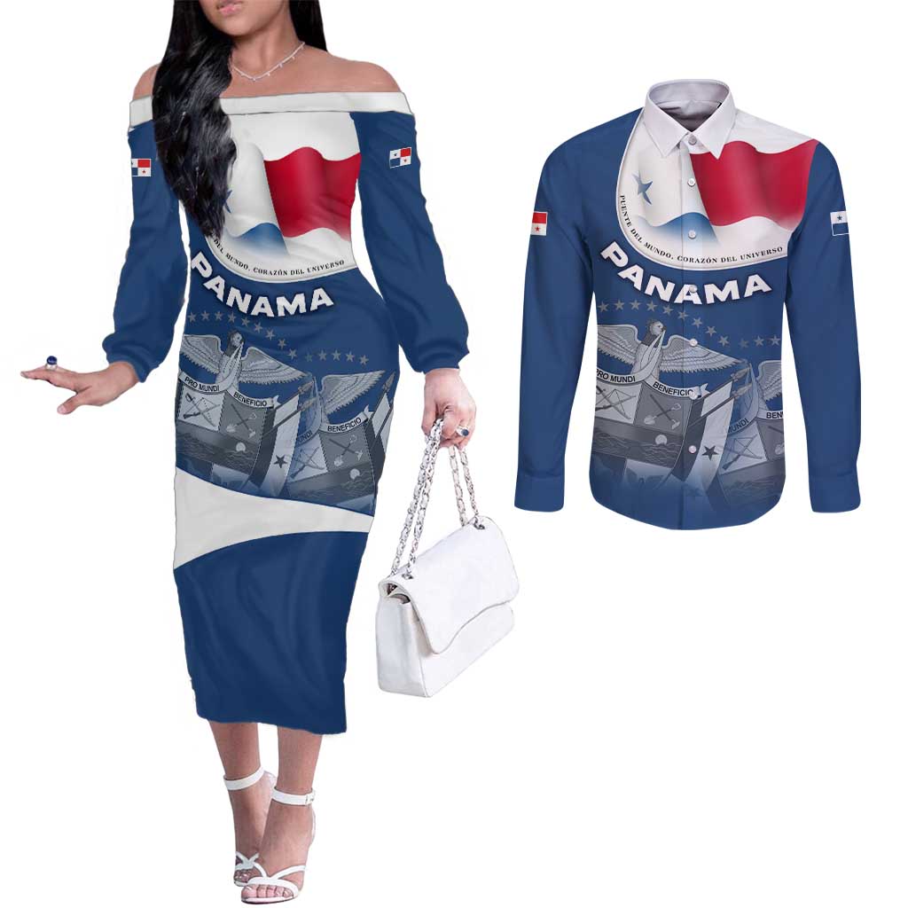 Panama National Flag Couples Matching Off The Shoulder Long Sleeve Dress and Long Sleeve Button Shirt with Canal Symbolism and Puente del Mundo Motto Design - Wonder Print Shop