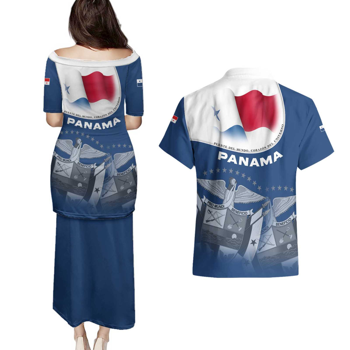 Panama National Flag Couples Matching Puletasi and Hawaiian Shirt with Canal Symbolism and Puente del Mundo Motto Design - Wonder Print Shop