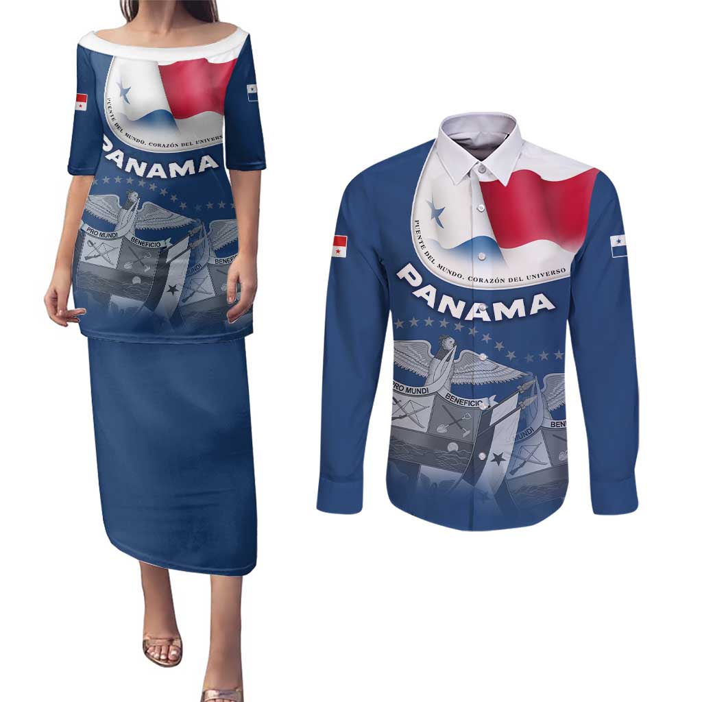 Panama National Flag Couples Matching Puletasi and Long Sleeve Button Shirt with Canal Symbolism and Puente del Mundo Motto Design - Wonder Print Shop