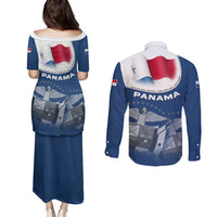 Panama National Flag Couples Matching Puletasi and Long Sleeve Button Shirt with Canal Symbolism and Puente del Mundo Motto Design - Wonder Print Shop