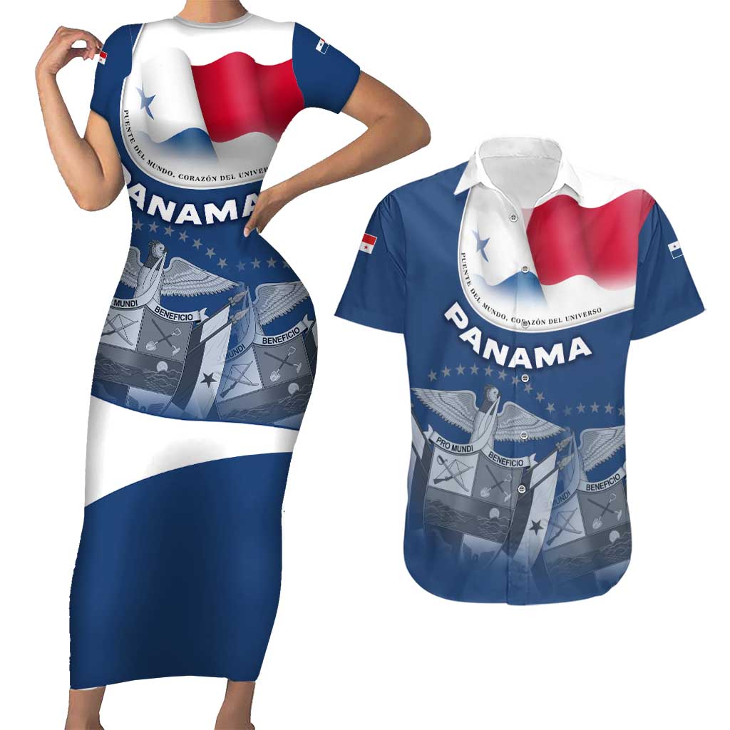 Panama National Flag Couples Matching Short Sleeve Bodycon Dress and Hawaiian Shirt with Canal Symbolism and Puente del Mundo Motto Design - Wonder Print Shop