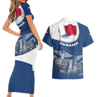Panama National Flag Couples Matching Short Sleeve Bodycon Dress and Hawaiian Shirt with Canal Symbolism and Puente del Mundo Motto Design - Wonder Print Shop