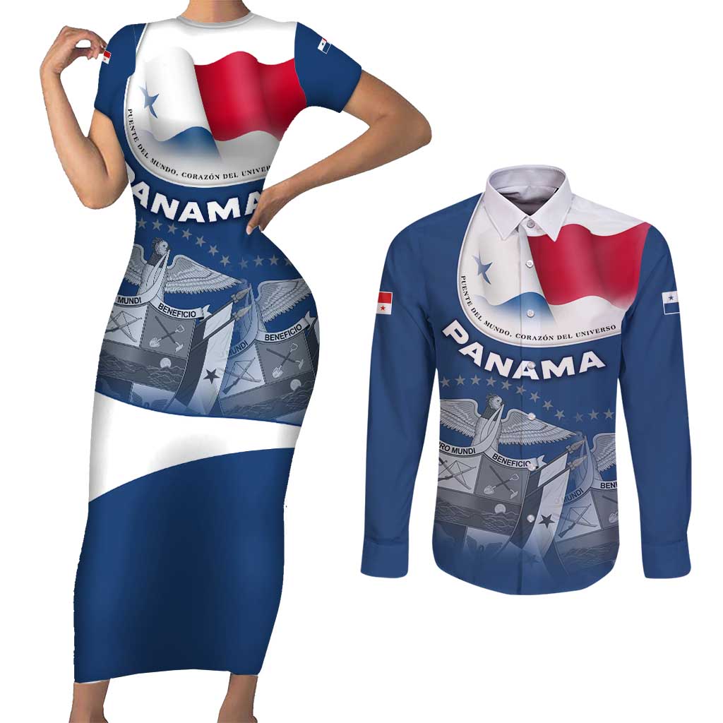 Panama National Flag Couples Matching Short Sleeve Bodycon Dress and Long Sleeve Button Shirt with Canal Symbolism and Puente del Mundo Motto Design - Wonder Print Shop