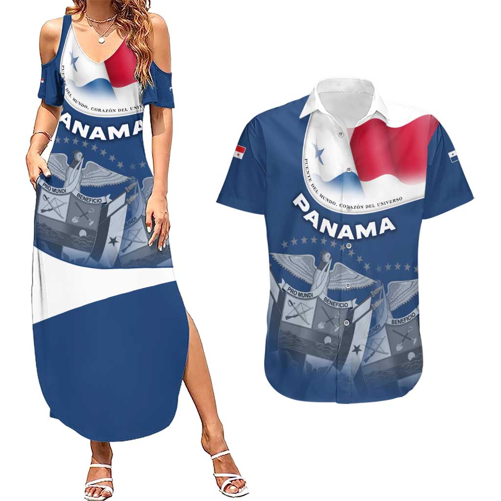 Panama National Flag Couples Matching Summer Maxi Dress and Hawaiian Shirt with Canal Symbolism and Puente del Mundo Motto Design - Wonder Print Shop