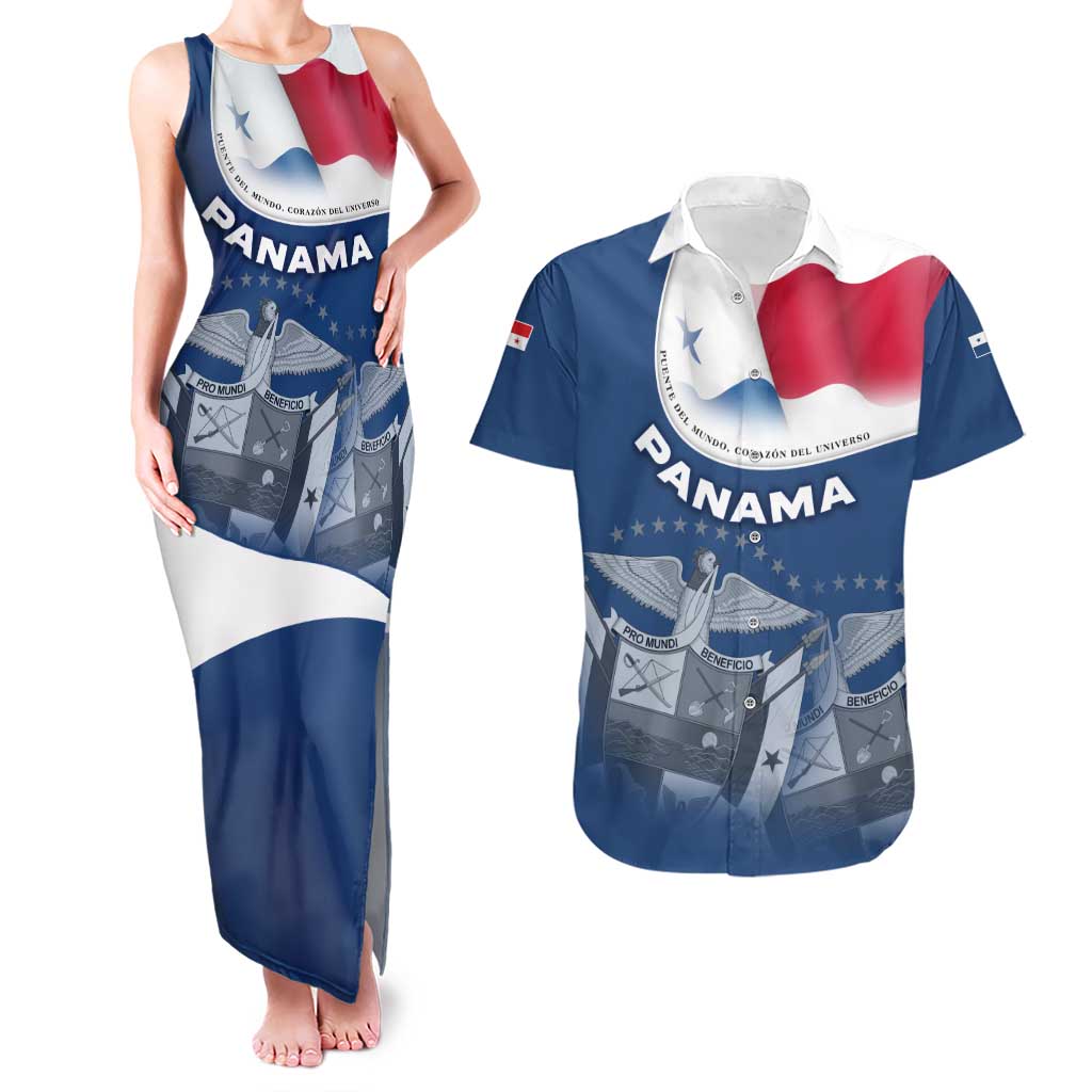 Panama National Flag Couples Matching Tank Maxi Dress and Hawaiian Shirt with Canal Symbolism and Puente del Mundo Motto Design - Wonder Print Shop
