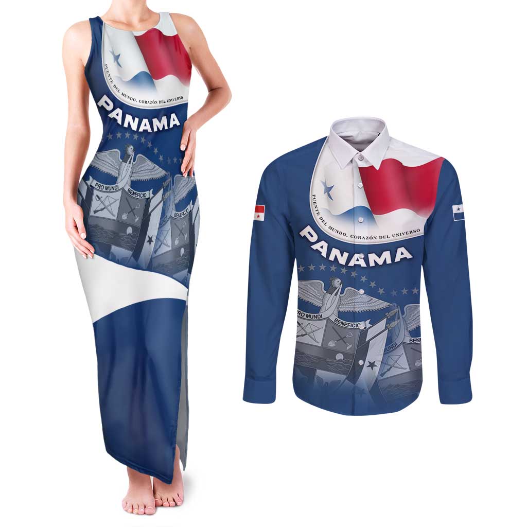 Panama National Flag Couples Matching Tank Maxi Dress and Long Sleeve Button Shirt with Canal Symbolism and Puente del Mundo Motto Design - Wonder Print Shop