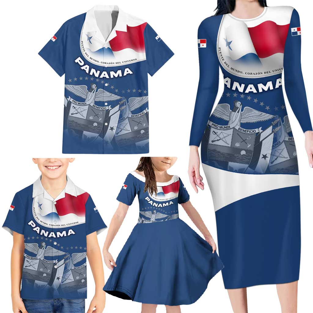 Panama National Flag Family Matching Long Sleeve Bodycon Dress and Hawaiian Shirt with Canal Symbolism and Puente del Mundo Motto Design - Wonder Print Shop