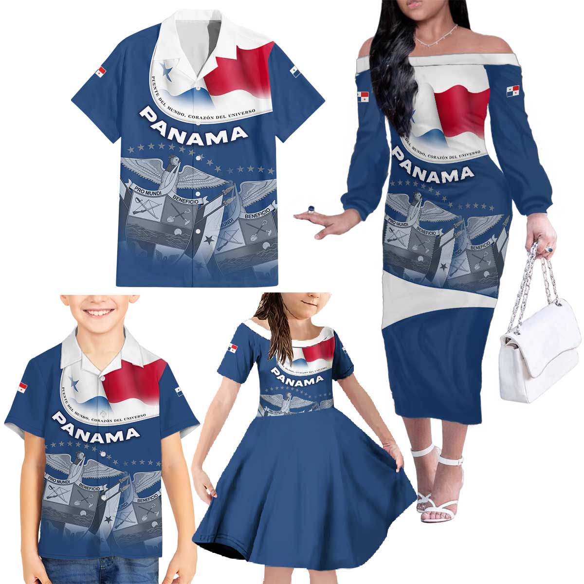 Panama National Flag Family Matching Off The Shoulder Long Sleeve Dress and Hawaiian Shirt with Canal Symbolism and Puente del Mundo Motto Design - Wonder Print Shop