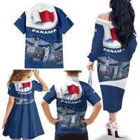 Panama National Flag Family Matching Off The Shoulder Long Sleeve Dress and Hawaiian Shirt with Canal Symbolism and Puente del Mundo Motto Design - Wonder Print Shop