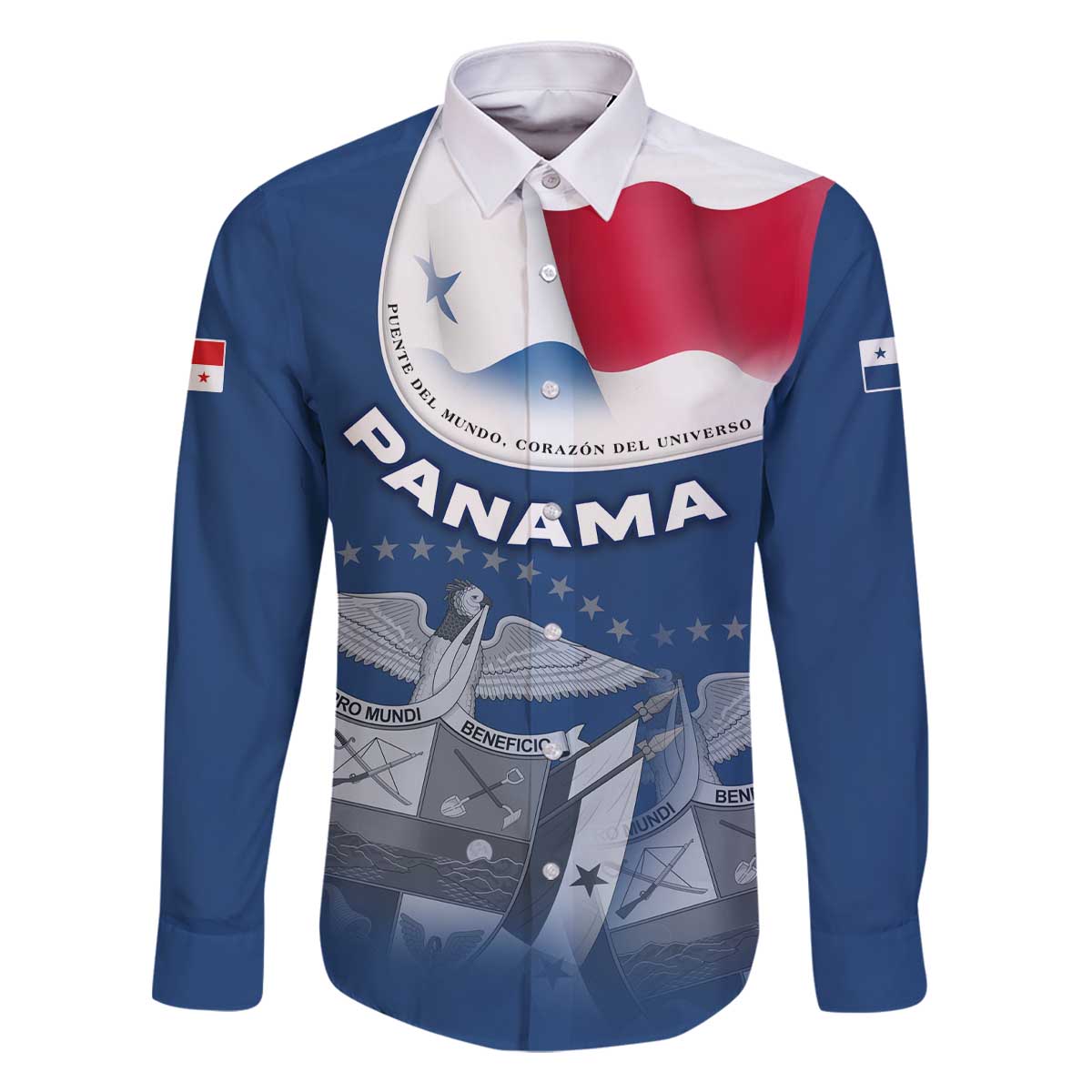 Panama National Flag Family Matching Off The Shoulder Long Sleeve Dress and Hawaiian Shirt with Canal Symbolism and Puente del Mundo Motto Design - Wonder Print Shop