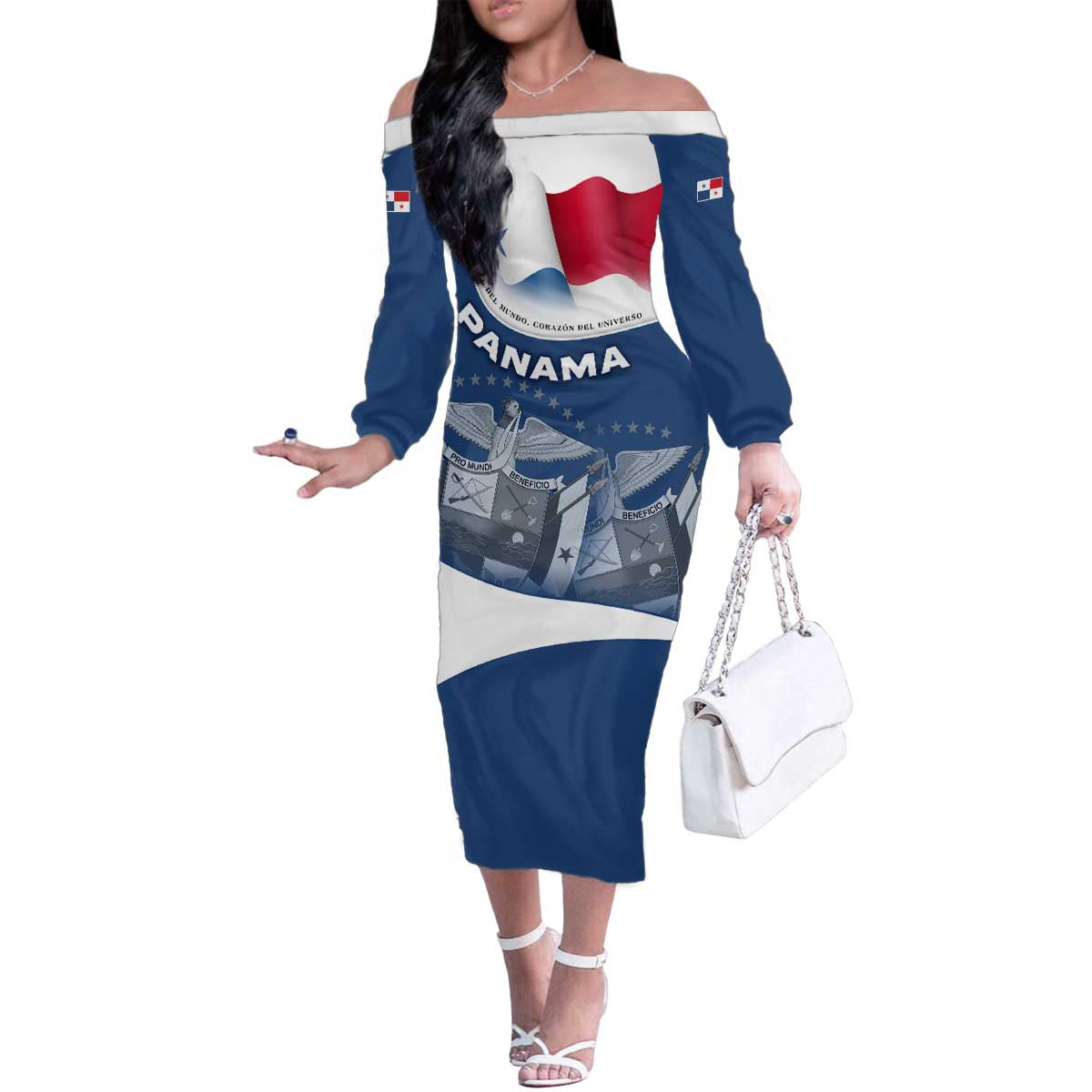 Panama National Flag Family Matching Off The Shoulder Long Sleeve Dress and Hawaiian Shirt with Canal Symbolism and Puente del Mundo Motto Design - Wonder Print Shop