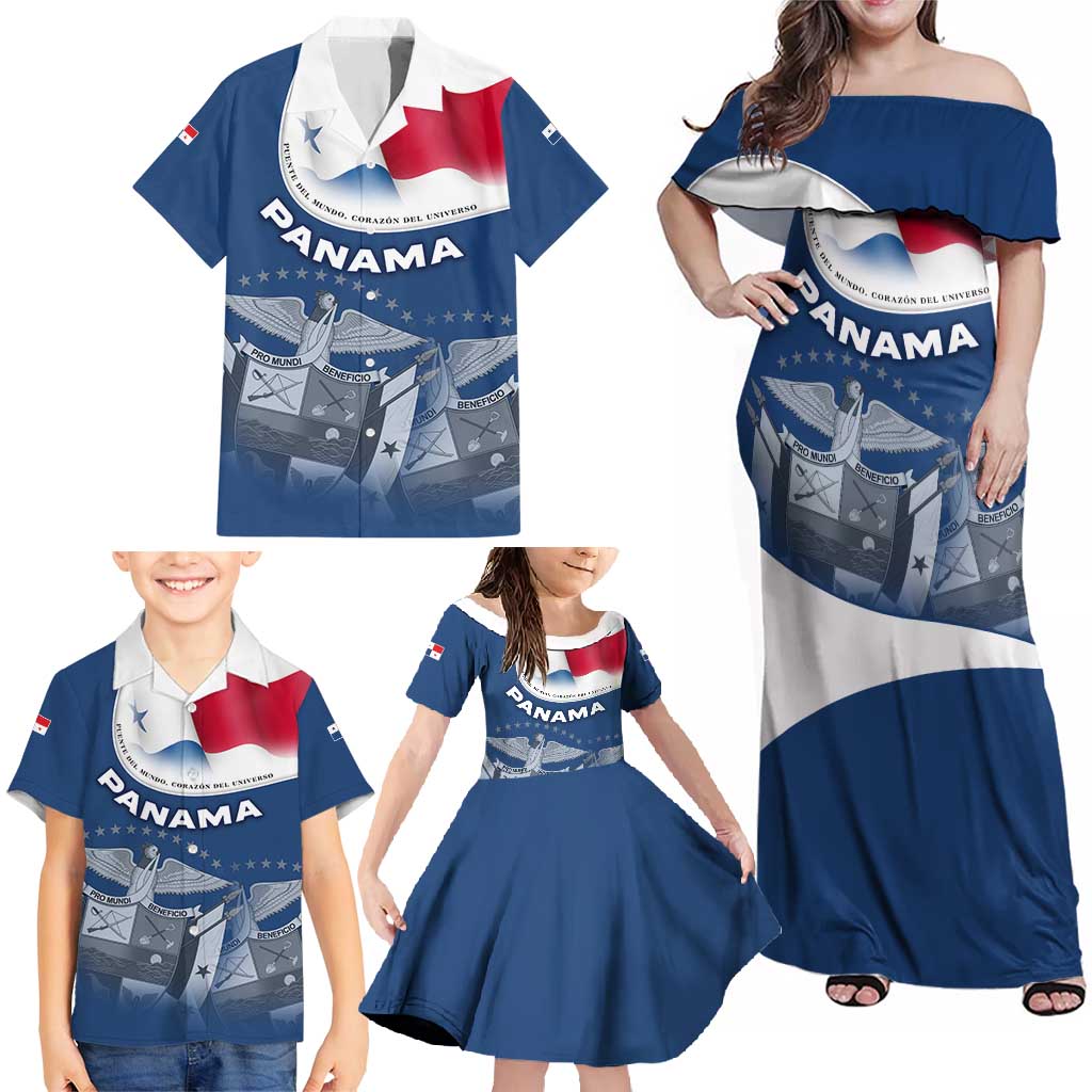 Panama National Flag Family Matching Off Shoulder Maxi Dress and Hawaiian Shirt with Canal Symbolism and Puente del Mundo Motto Design - Wonder Print Shop