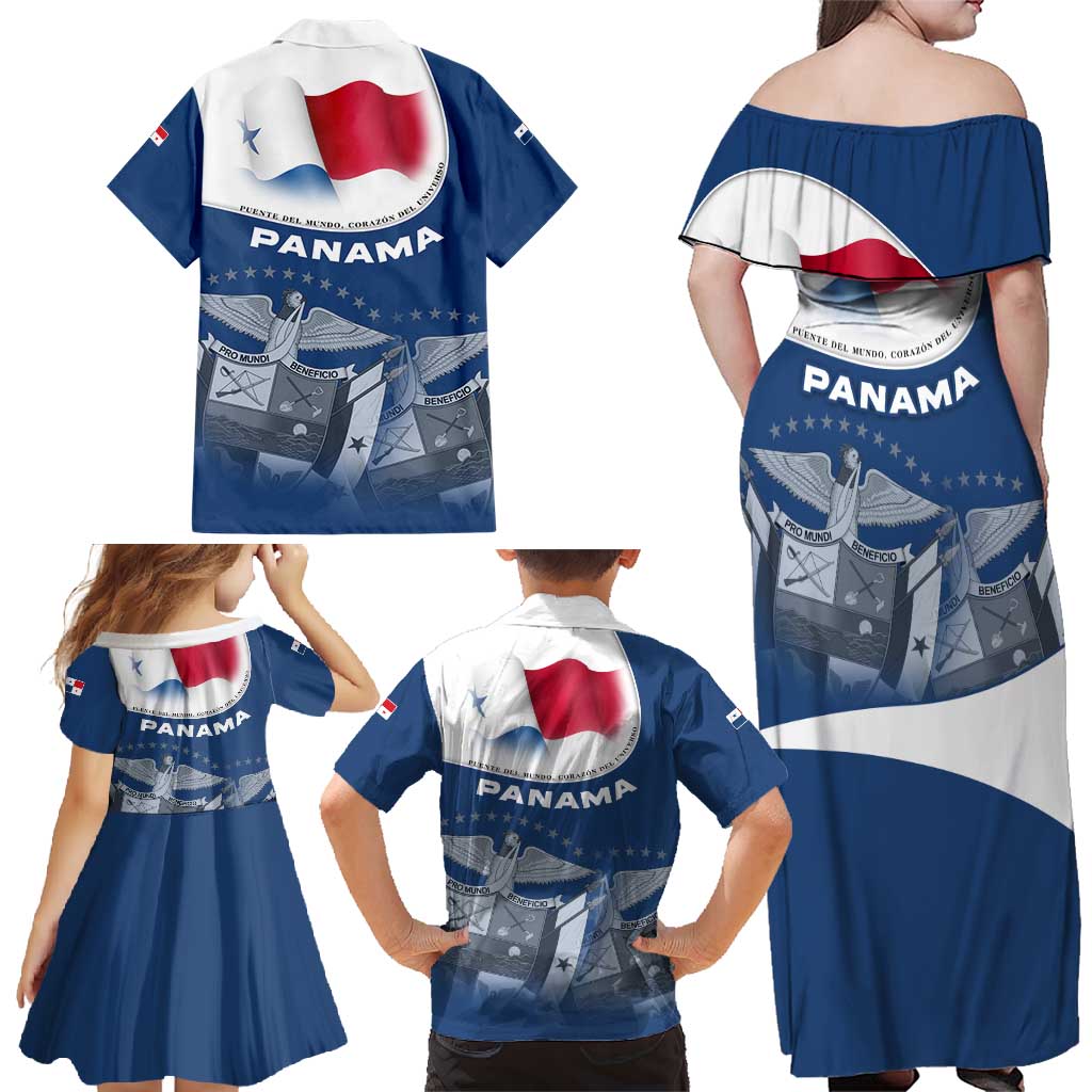 Panama National Flag Family Matching Off Shoulder Maxi Dress and Hawaiian Shirt with Canal Symbolism and Puente del Mundo Motto Design - Wonder Print Shop