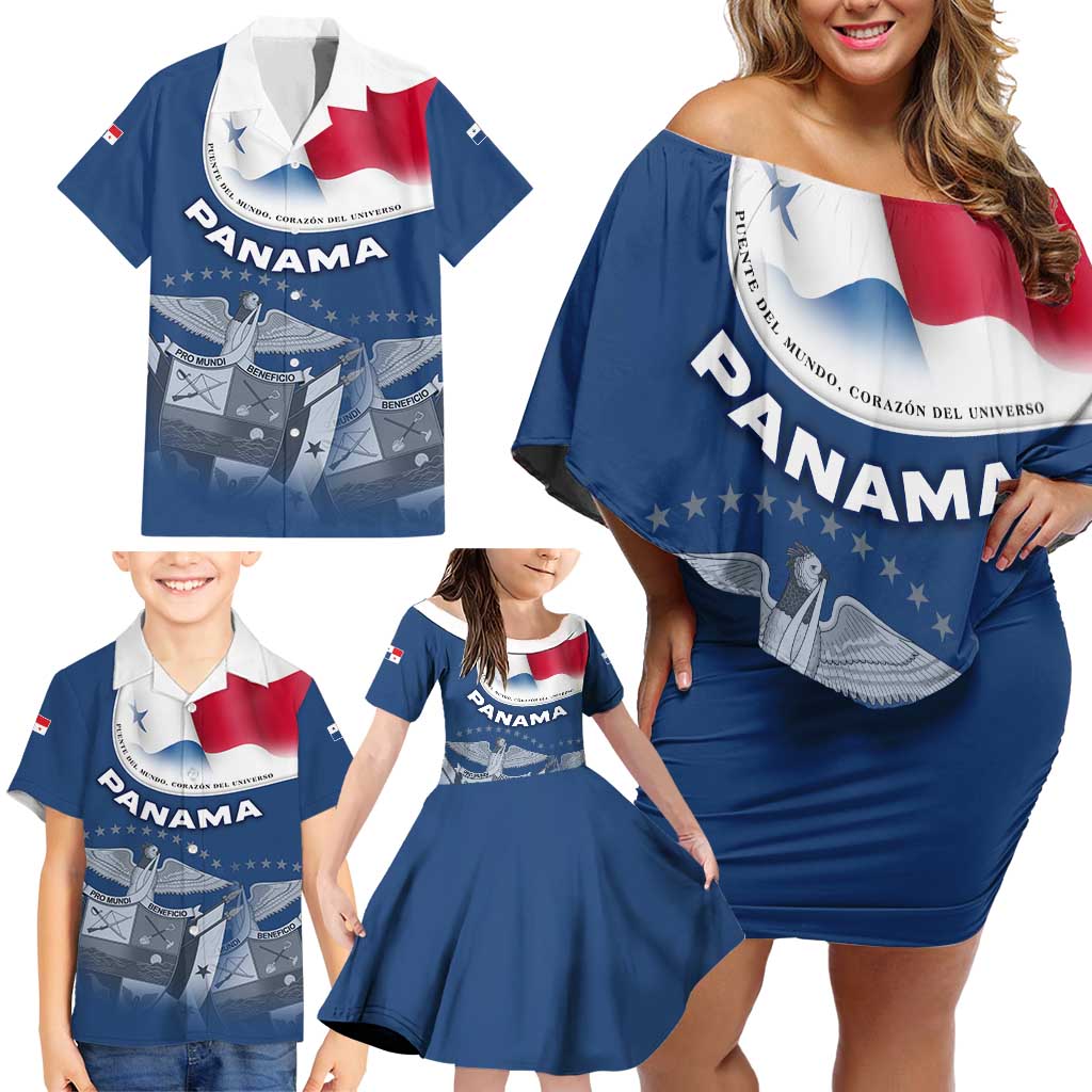 Panama National Flag Family Matching Off Shoulder Short Dress and Hawaiian Shirt with Canal Symbolism and Puente del Mundo Motto Design - Wonder Print Shop