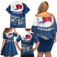 Panama National Flag Family Matching Off Shoulder Short Dress and Hawaiian Shirt with Canal Symbolism and Puente del Mundo Motto Design - Wonder Print Shop