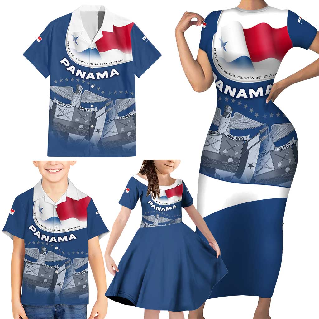 Panama National Flag Family Matching Short Sleeve Bodycon Dress and Hawaiian Shirt with Canal Symbolism and Puente del Mundo Motto Design - Wonder Print Shop