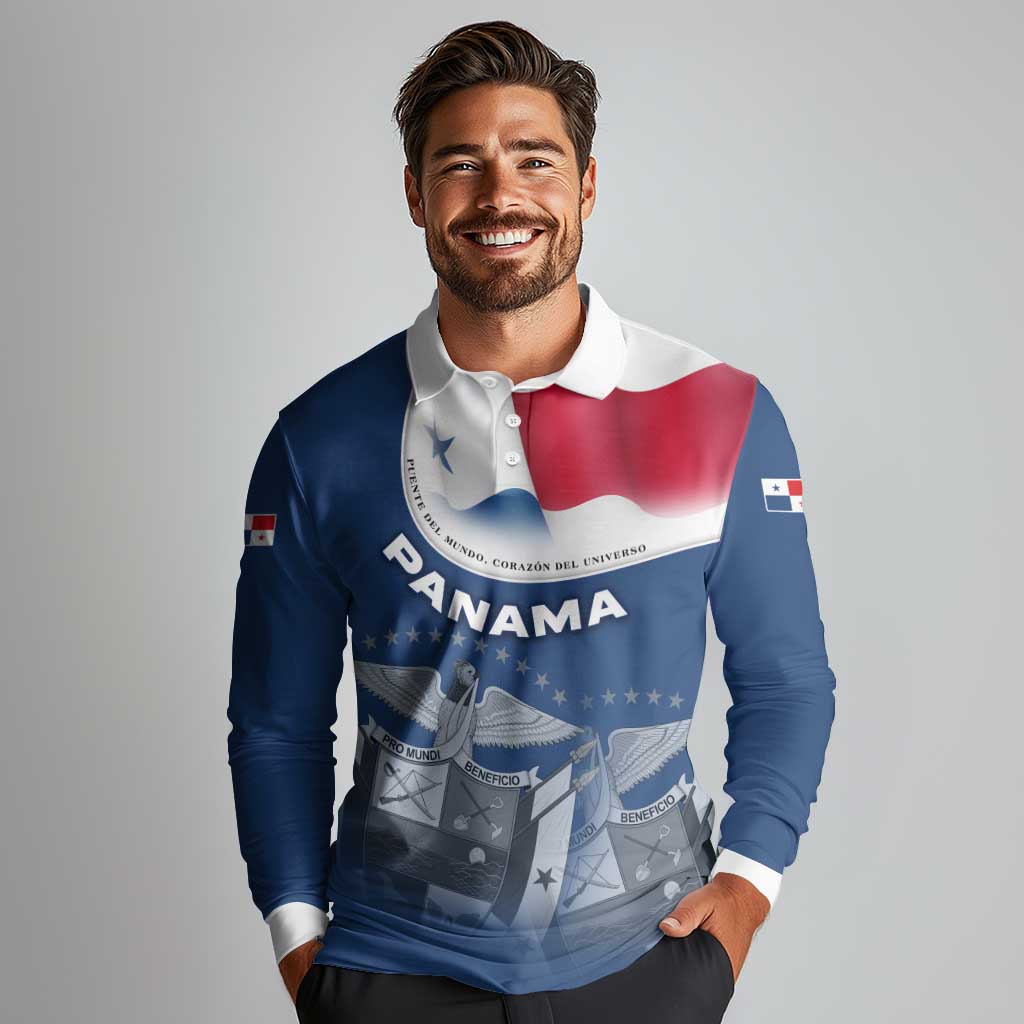 Panama National Flag Long Sleeve Polo Shirt with Canal Symbolism and Puente del Mundo Motto Design - Wonder Print Shop