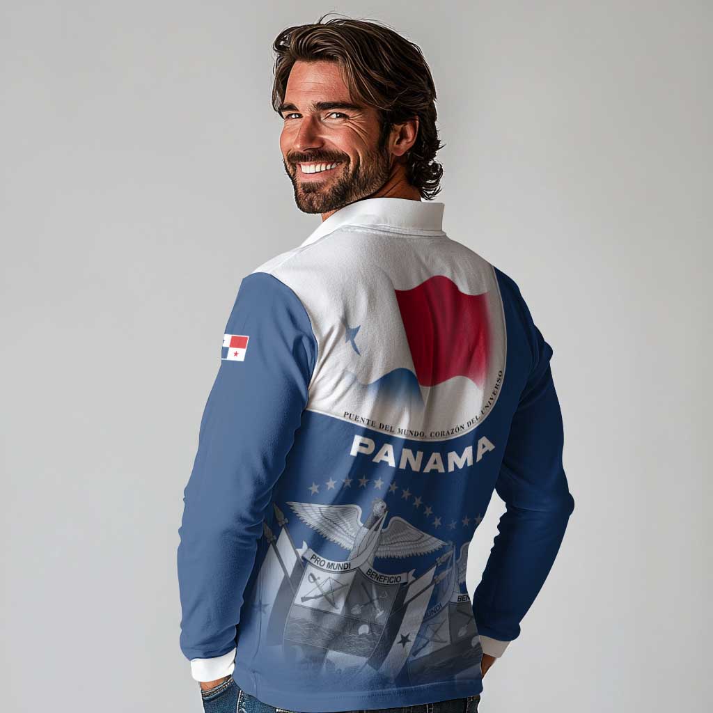 Panama National Flag Long Sleeve Polo Shirt with Canal Symbolism and Puente del Mundo Motto Design - Wonder Print Shop