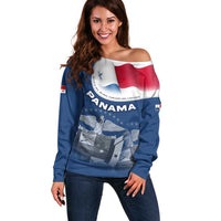 Panama National Flag Off Shoulder Sweater with Canal Symbolism and Puente del Mundo Motto Design - Wonder Print Shop