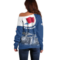 Panama National Flag Off Shoulder Sweater with Canal Symbolism and Puente del Mundo Motto Design - Wonder Print Shop
