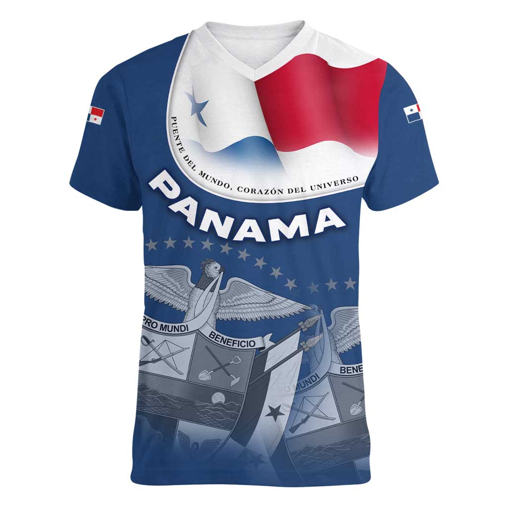 Panama National Flag Women V-Neck T-Shirt with Canal Symbolism and Puente del Mundo Motto Design - Wonder Print Shop