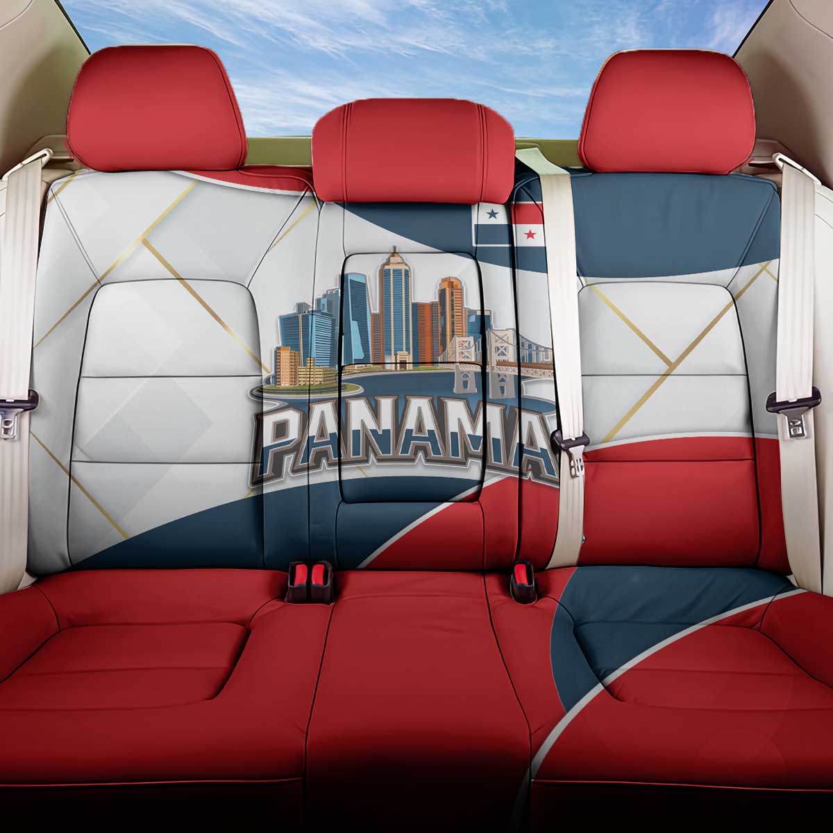 Panama City Skyline Back Car Seat Cover with National Coat of Arms and Red Blue Flag Theme - Wonder Print Shop