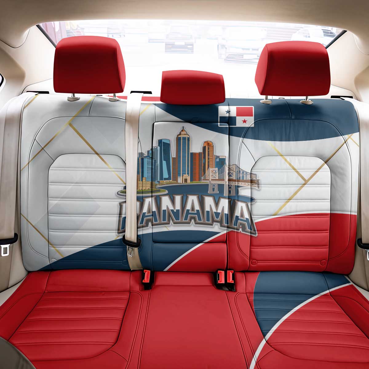 Panama City Skyline Back Car Seat Cover with National Coat of Arms and Red Blue Flag Theme - Wonder Print Shop