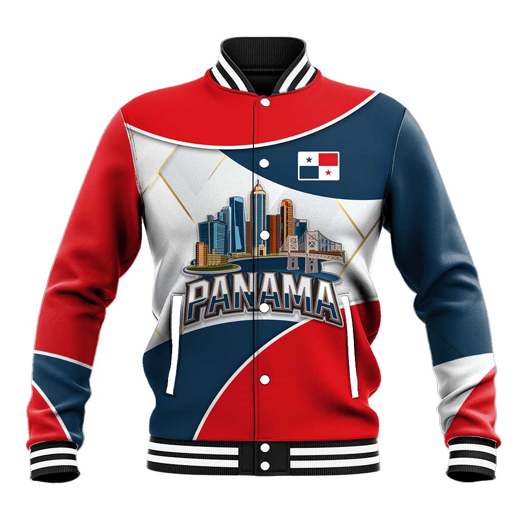 Panama City Skyline Baseball Jacket with National Coat of Arms and Red Blue Flag Theme - Wonder Print Shop