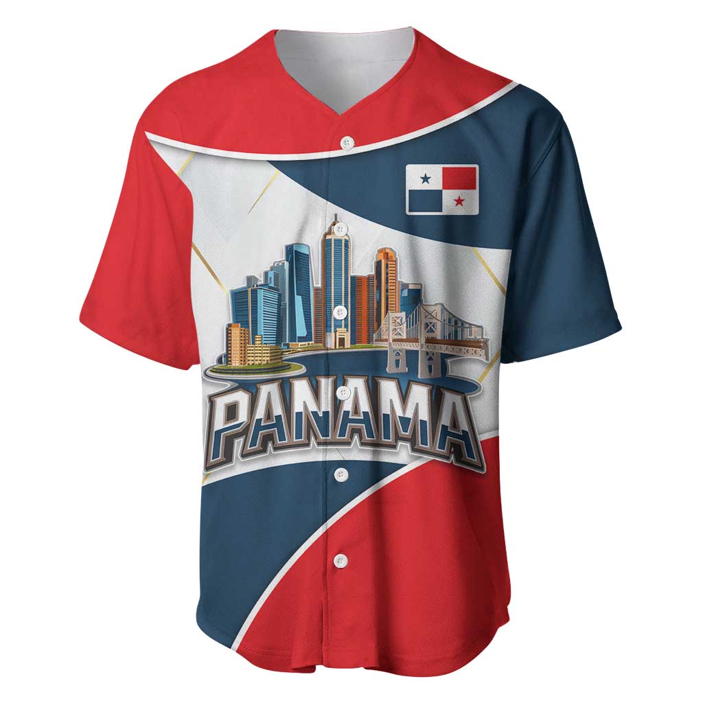 Panama City Skyline Baseball Jersey with National Coat of Arms and Red Blue Flag Theme - Wonder Print Shop