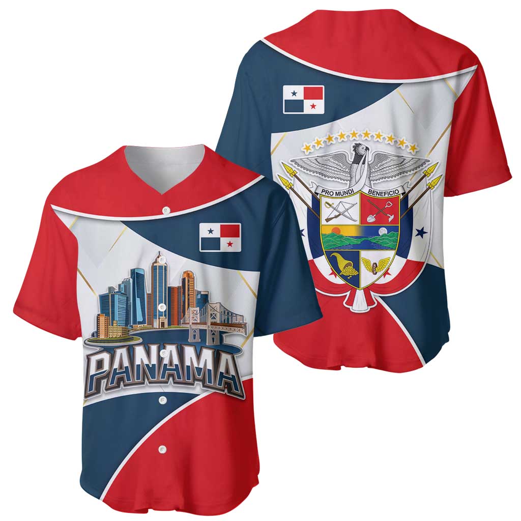 Panama City Skyline Baseball Jersey with National Coat of Arms and Red Blue Flag Theme - Wonder Print Shop