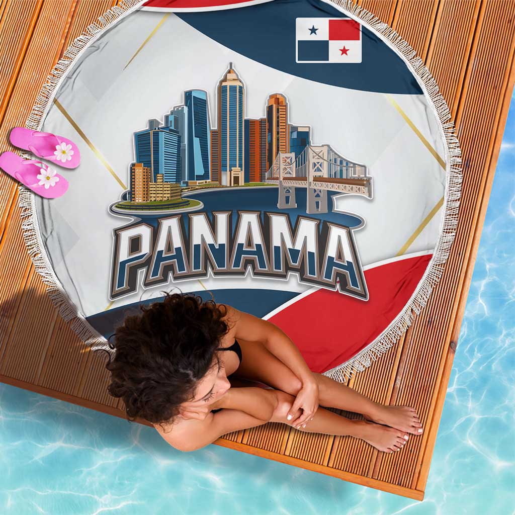Panama City Skyline Beach Blanket with National Coat of Arms and Red Blue Flag Theme - Wonder Print Shop