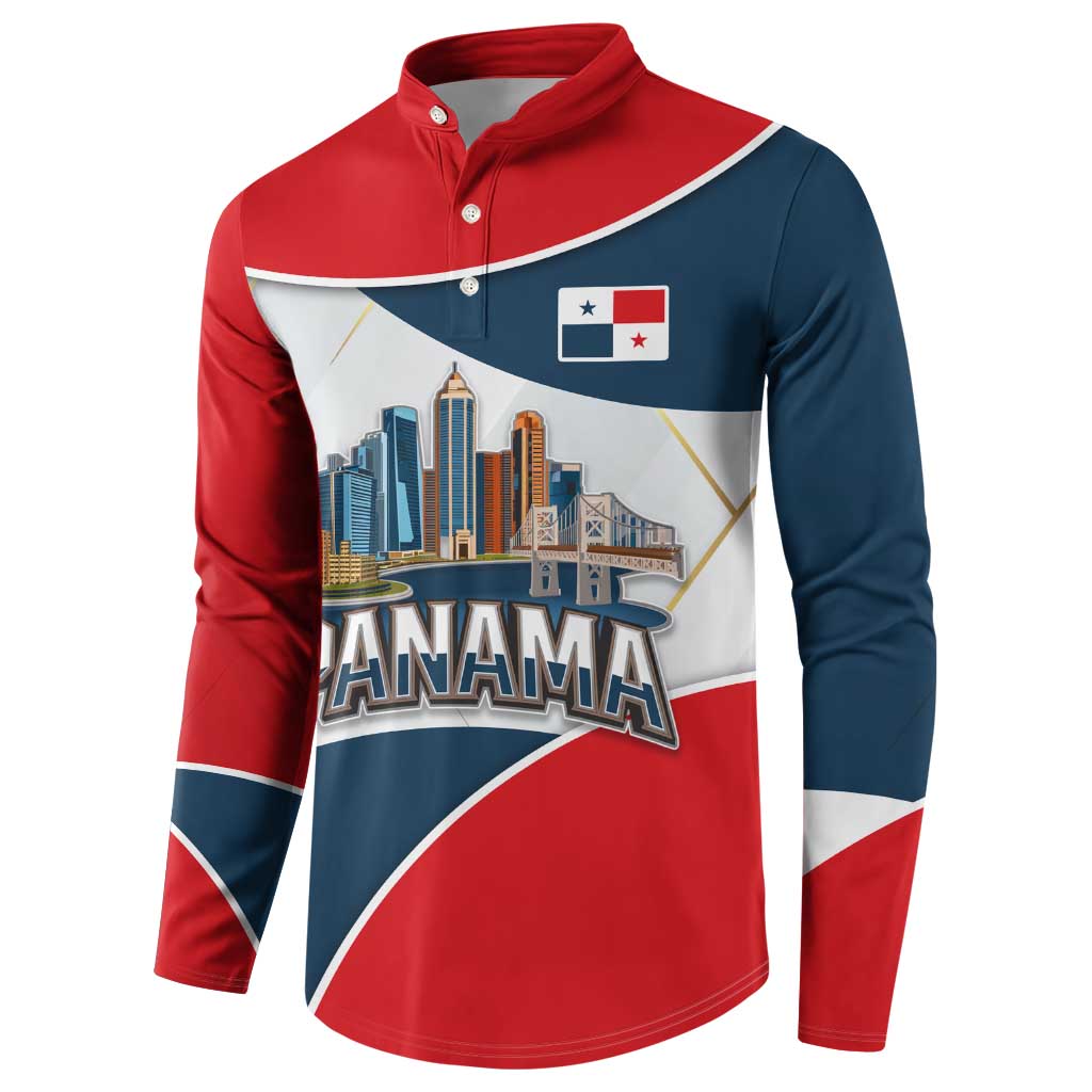 Panama City Skyline Button Sweatshirt with National Coat of Arms and Red Blue Flag Theme - Wonder Print Shop