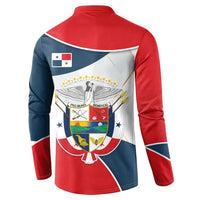 Panama City Skyline Button Sweatshirt with National Coat of Arms and Red Blue Flag Theme - Wonder Print Shop