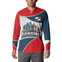 Panama City Skyline Button Sweatshirt with National Coat of Arms and Red Blue Flag Theme - Wonder Print Shop