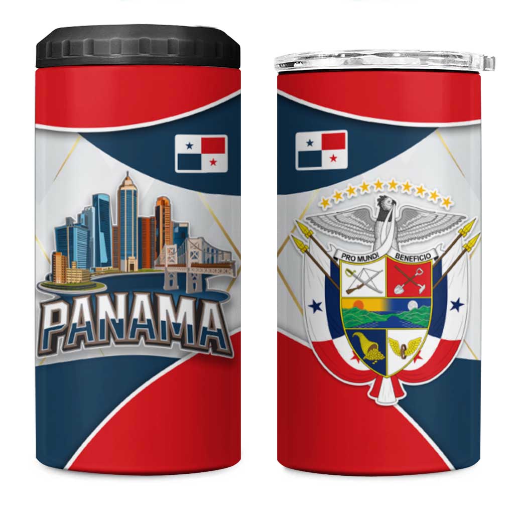 Panama City Skyline 4 in 1 Can Cooler Tumbler with National Coat of Arms and Red Blue Flag Theme - Wonder Print Shop
