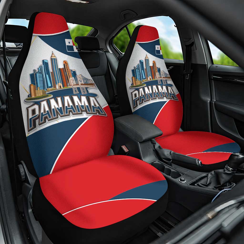 Panama City Skyline Car Seat Cover with National Coat of Arms and Red Blue Flag Theme - Wonder Print Shop